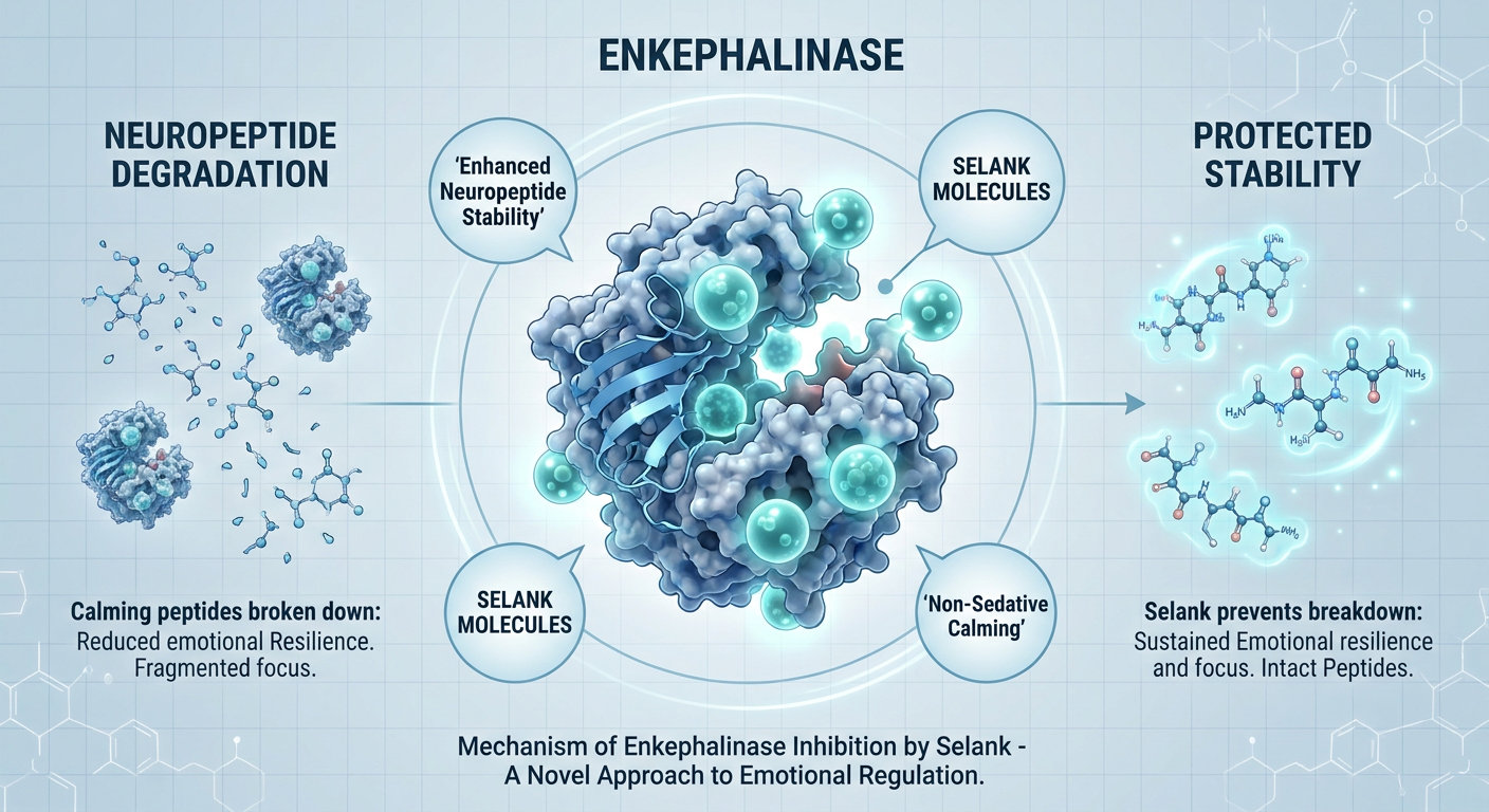 A scientific diagram explaining how Selank inhibits enkephalinase to maintain higher levels of natural calming neuropeptides.
