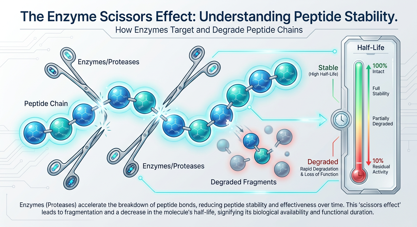 A medical infographic titled 'The Enzyme Scissors Effect' showing how proteases break down peptide chains into individual amino acids, with a focus on stability and half-life.