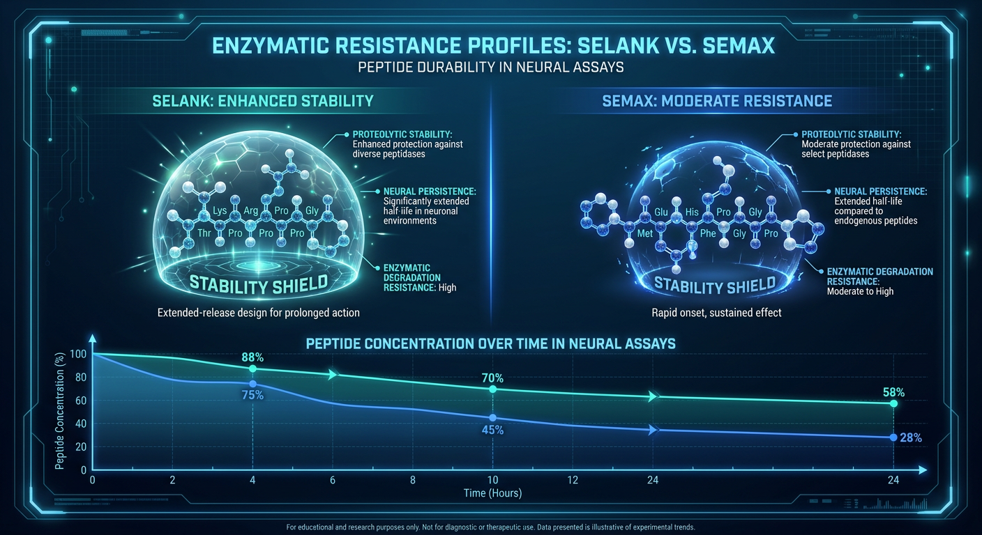 A comparison bar chart showing the pharmacokinetic profiles of Selank and Semax in neural assays, highlighting their resistance to enzymatic breakdown.