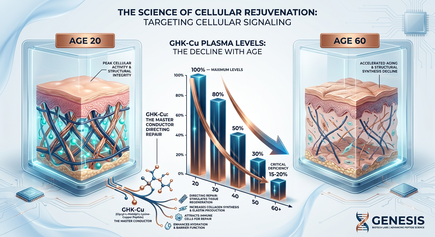 A scientific infographic showing a timeline of GHK-Cu levels in the human body from age 20 to 60, comparing a youthful skin cell structure to an aging one.