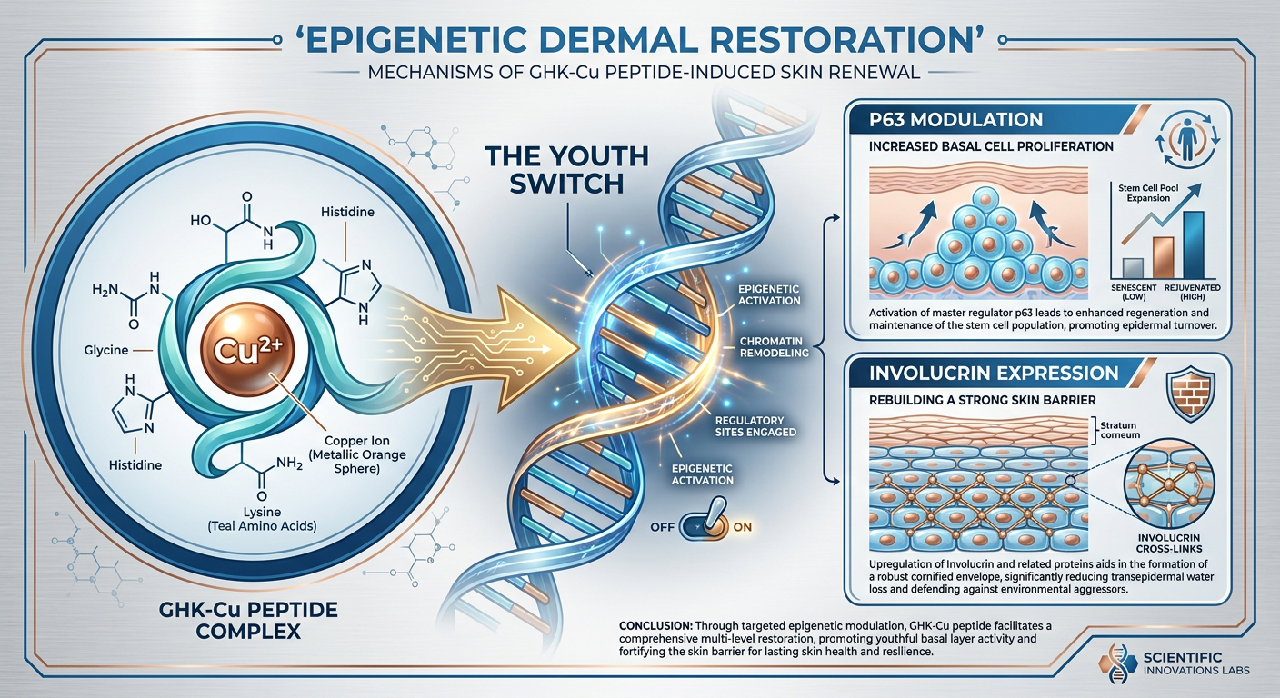 A detailed biological diagram illustrating how GHK-Cu modulates the p63 and Involucrin genes to restore the skin barrier.