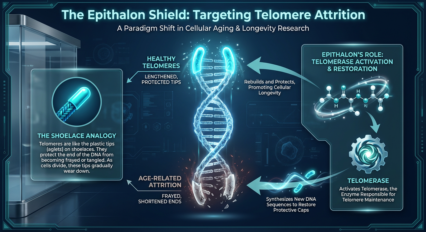 An educational biology infographic showing the protective effect of Epithalon on DNA telomeres. A strand of DNA is shown with glowing protective end caps, compared to a frayed strand. Text labels describe 'Telomere Attrition' and 'The Shoelace Effect'. Colors: Deep navy, teal, and neon cyan.