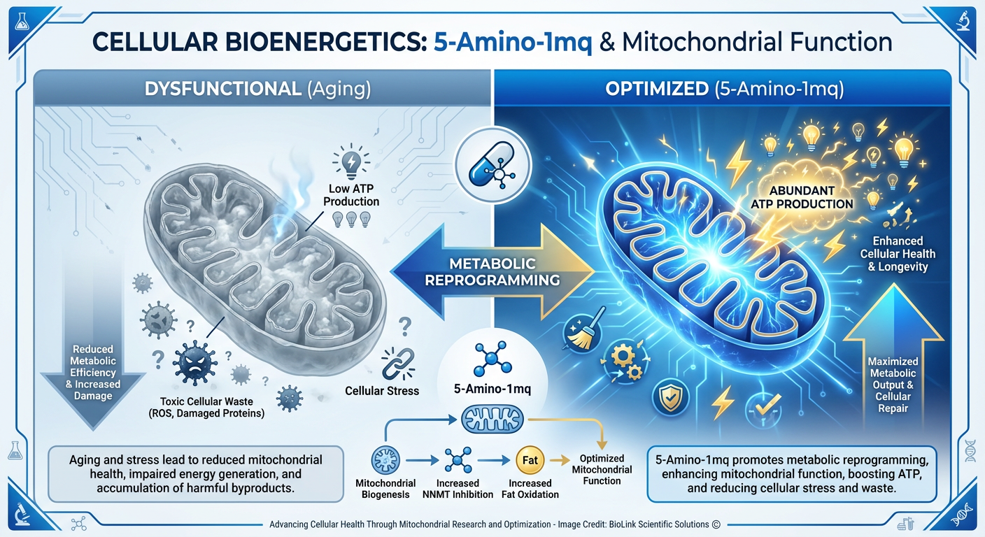 A scientific comparison infographic showing a 'Sluggish' vs 'Optimized' mitochondria fueled by 5-amino-1mq. The diagram shows the inner workings of a cell power plant with ATP energy particles. Colors: Clinical white, sapphire blue, and silver.