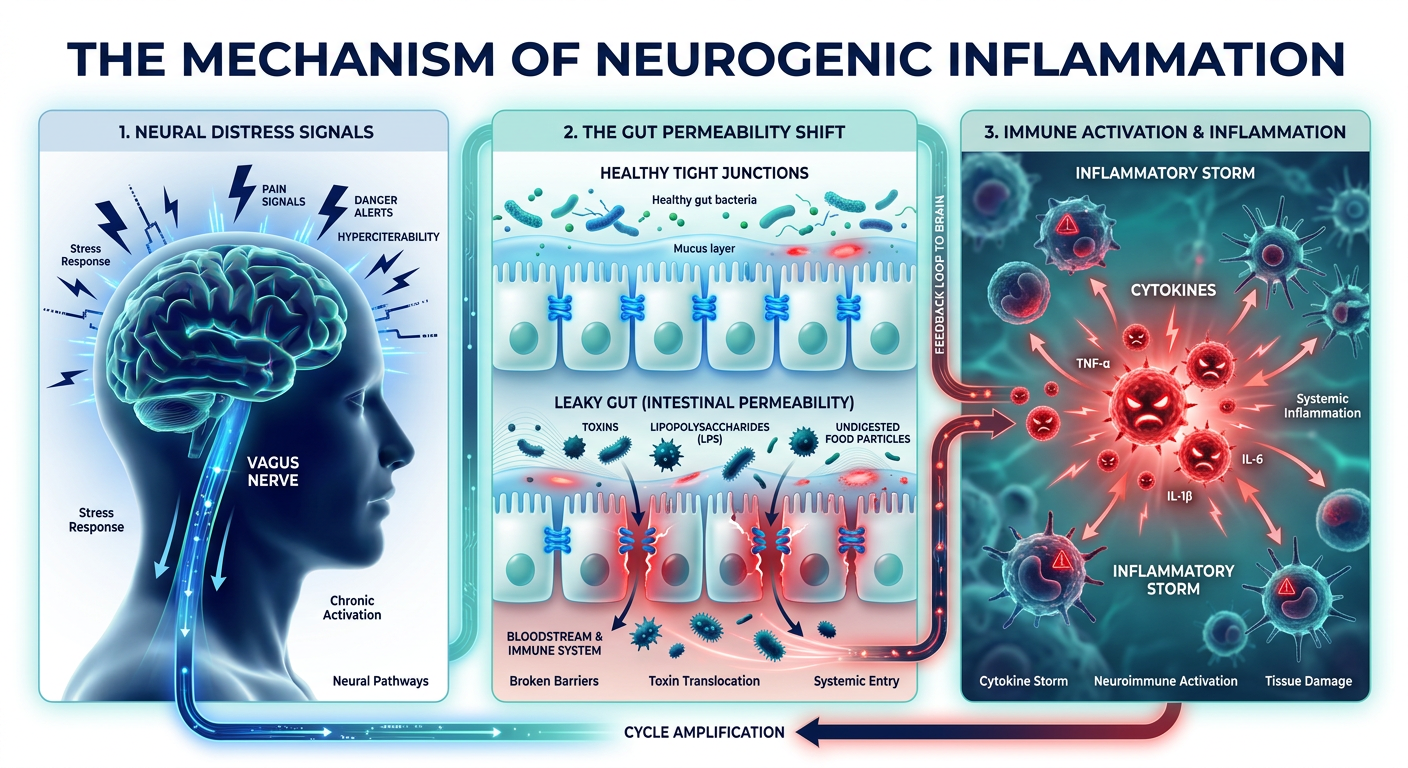 A medical infographic titled 'The Mechanism of Neurogenic Inflammation,' showing the brain-gut axis with labels for vagus nerve, tight junctions, and cytokine release. Color palette: Navy, teal, and surgical white.