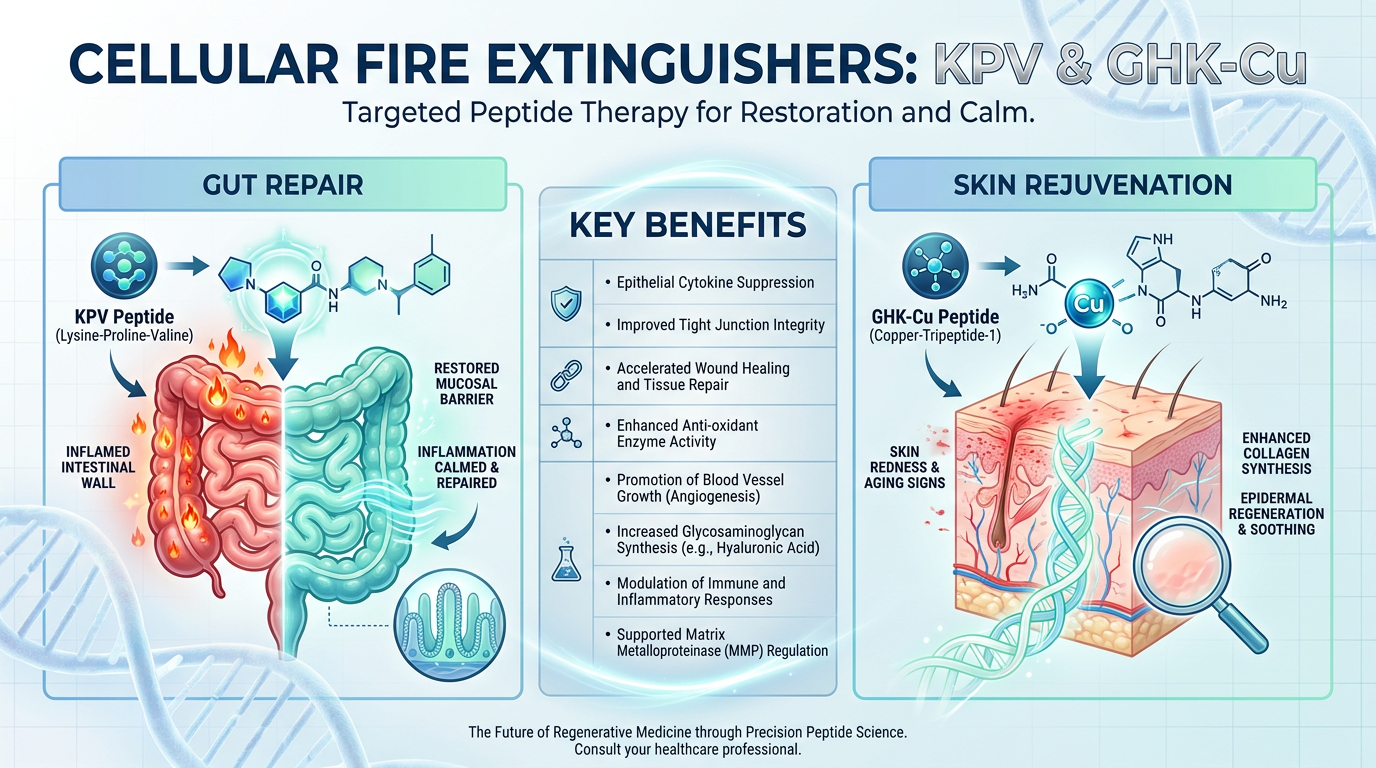 Infographic titled 'Peptide Fire Extinguishers: KPV and GHK-Cu,' comparing their roles in skin and gut repair. Features a split-view diagram of cellular rejuvenation.