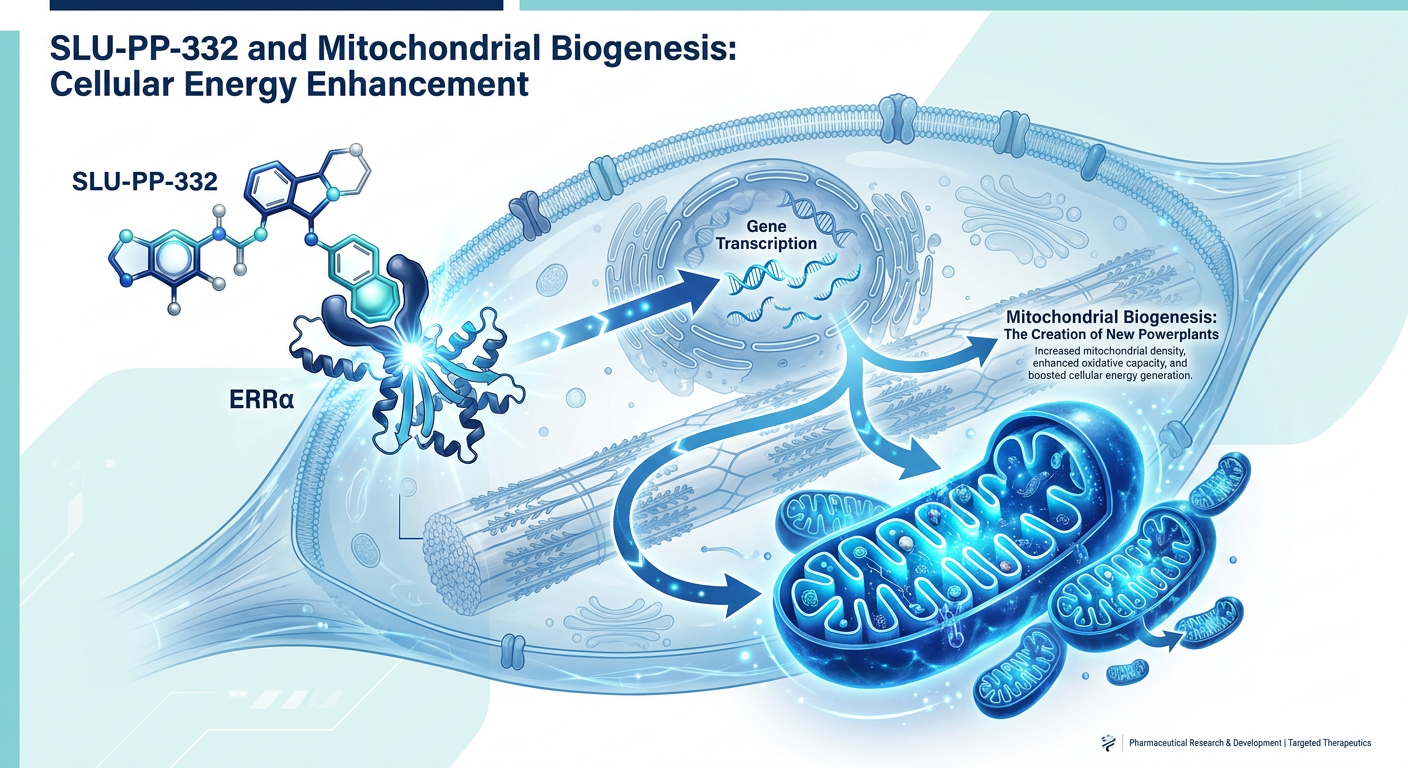 A scientific infographic illustrating the molecular mechanism of SLU-PP-332, showing the activation of ERR-alpha receptors leading to the creation of new mitochondria within a muscle cell.