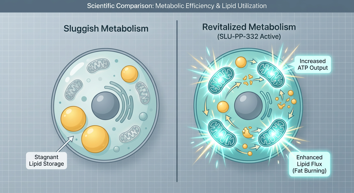 A comparison diagram showing a 'Sluggish Metabolism' vs a 'Revitalized Metabolism' influenced by SLU-PP-332, highlighting changes in lipid flux and ATP energy production.