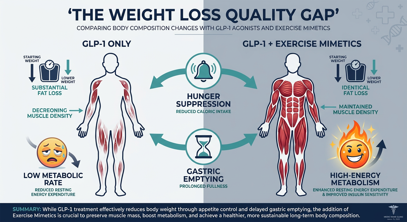 A split-screen medical infographic comparing weight loss with GLP-1 therapy alone versus GLP-1 therapy combined with exercise mimetics. Left side shows fat loss and muscle atrophy; right side shows fat loss with muscle preservation.