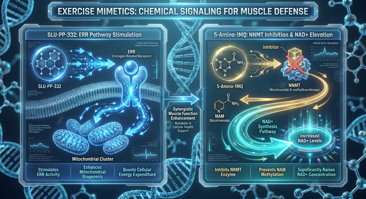 A detailed scientific infographic explaining the biological mechanisms of the exercise mimetics SLU-PP-332 and 5-Amino-1MQ in signaling muscle preservation.