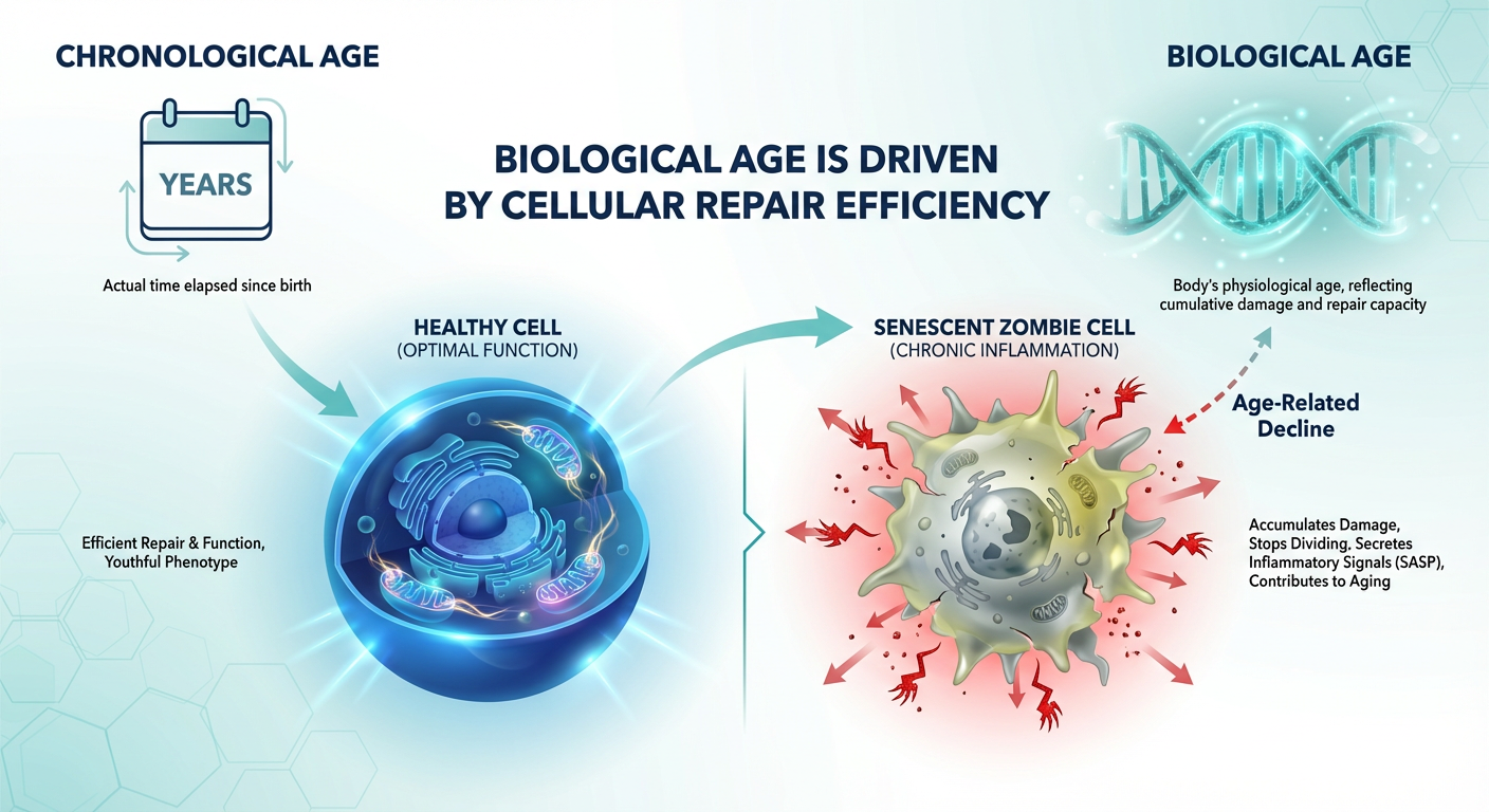 A high-end medical infographic comparing biological age versus chronological age, focusing on cellular senescence and 'zombie cells'.
