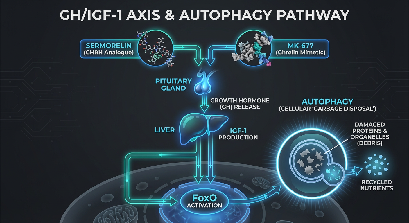 A comparative pathway diagram showing how Sermorelin and MK-677 stimulate the growth hormone axis to activate FoxO transcription and autophagy.
