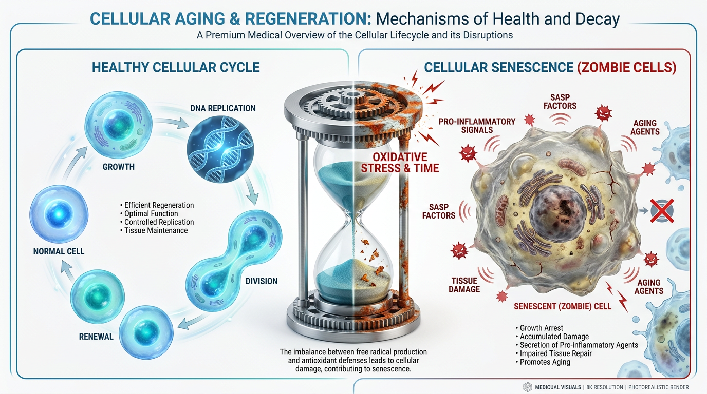 A side-by-side medical infographic comparing a healthy cell cycle to cellular senescence and 'zombie cells' caused by oxidative stress.