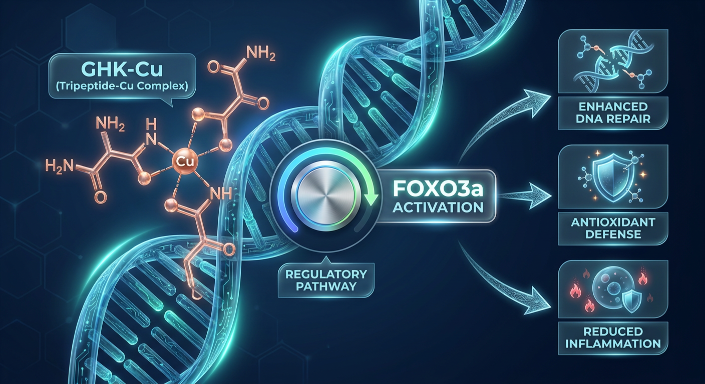 A high-tech scientific diagram illustrating the GHK-Cu peptide acting as a 'genetic rheostat' to activate the FOXO3a longevity gene.