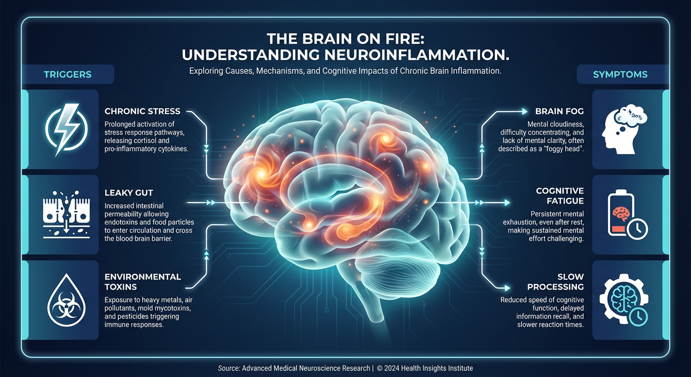 Infographic explaining the causes and symptoms of neuroinflammation, titled The Brain on Fire. Shows a brain with inflammatory triggers like stress and gut health.
