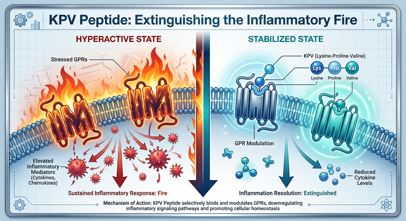 Infographic showing the KPV peptide mechanism of action, focusing on how it stabilizes immune cells and receptors to reduce inflammation.