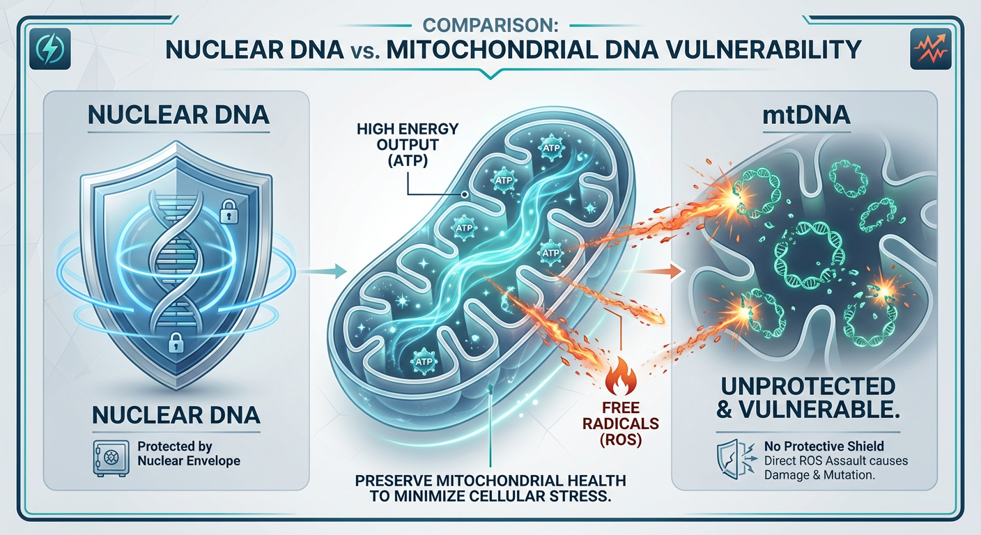 Infographic showing the structure of a mitochondrion and the vulnerability of mtDNA compared to nuclear DNA, highlighting the 'exhaust' of free radicals.