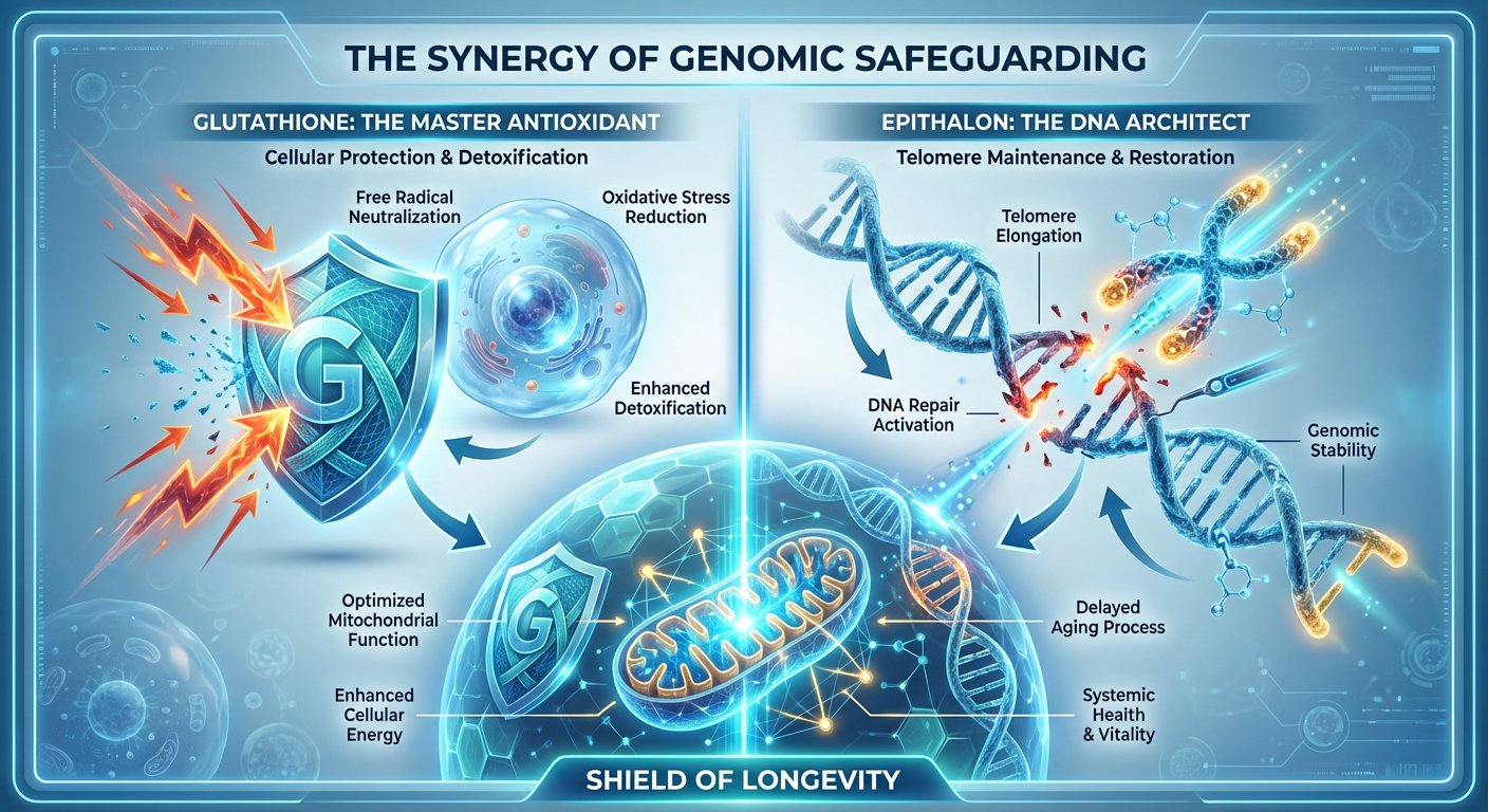 Infographic illustrating the synergistic protective effects of Epithalon and Glutathione on mitochondrial health and DNA repair.