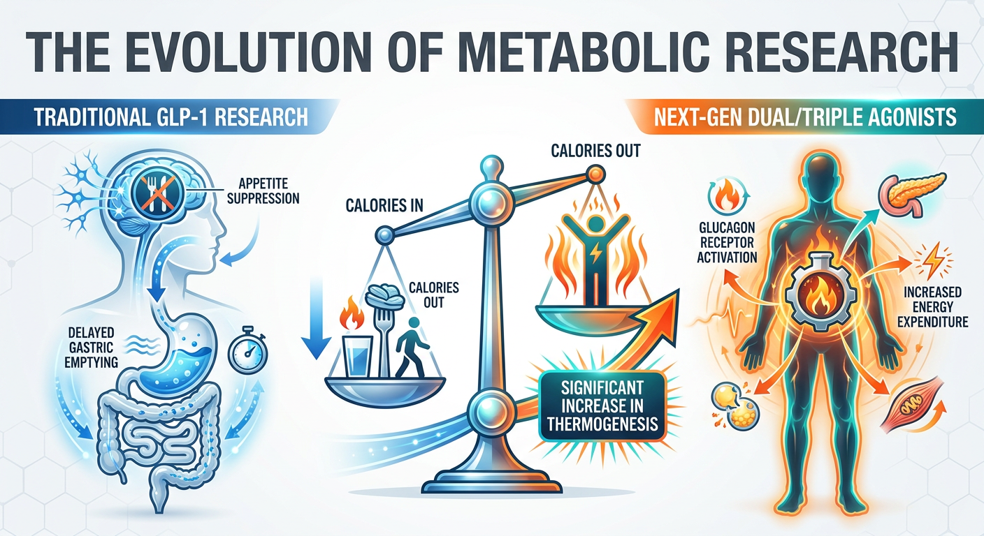 A professional infographic comparing traditional appetite suppression with the new 'Burn More' metabolic approach using GLP-1 and Glucagon Receptor agonists.