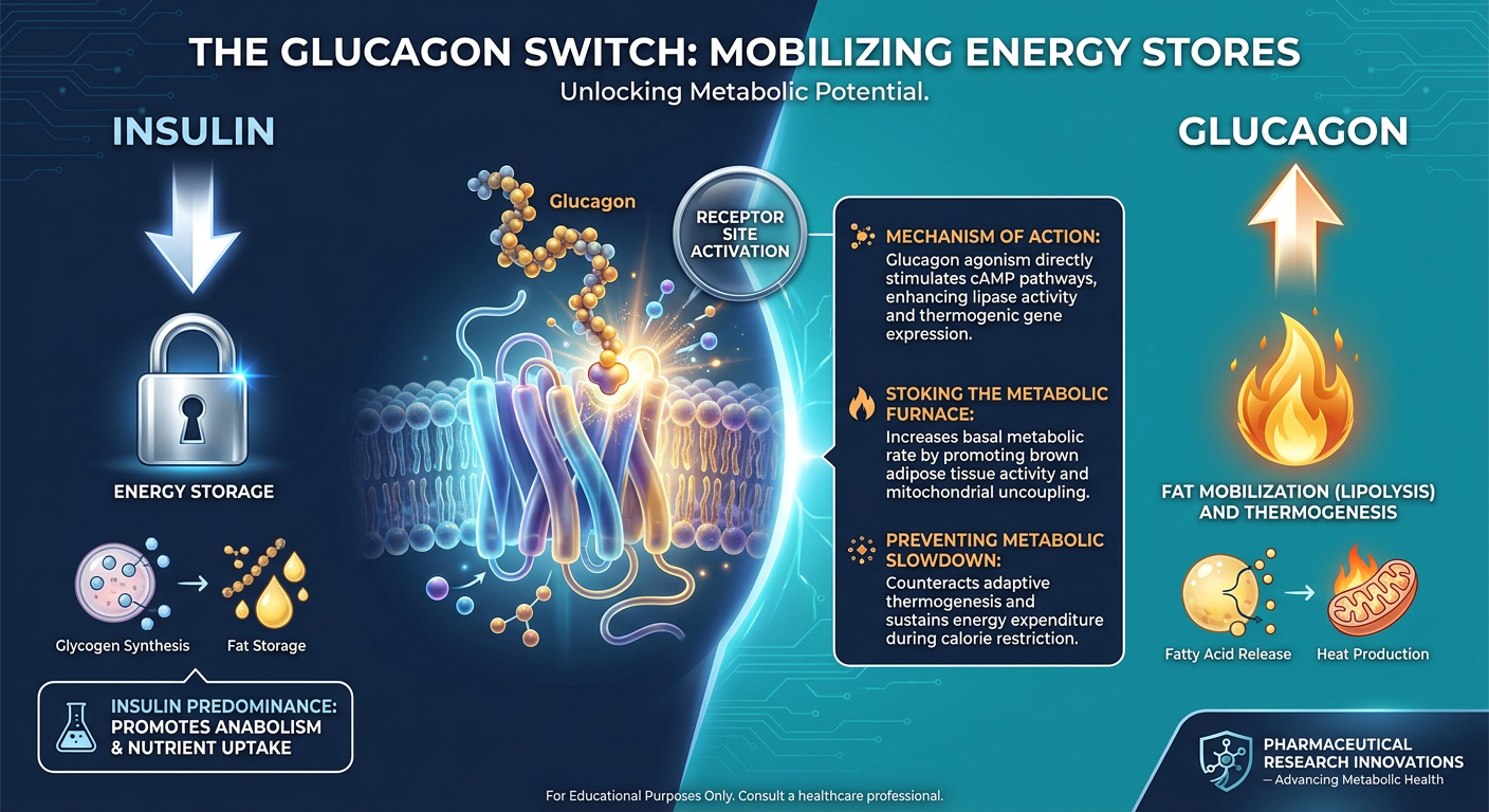 A detailed biochemical infographic showing the opposing roles of Insulin (storage) and Glucagon (mobilization) in metabolic health research.