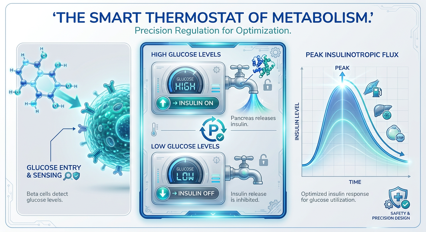 Infographic explaining the mechanism of Glucose-Dependent Insulinotropic Flux using a thermostat analogy and molecular diagram.