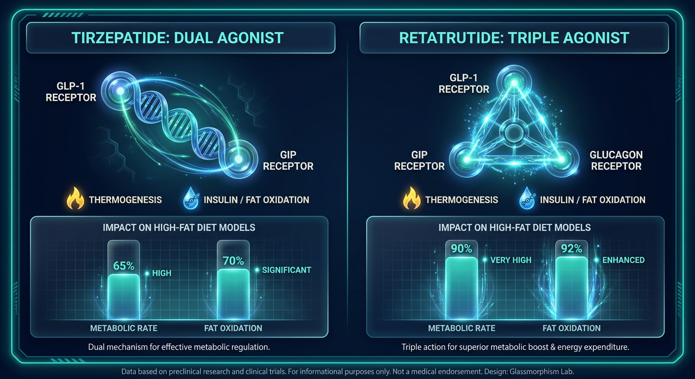 Comparative chart showing the molecular pathways of Tirzepatide (GLP-1/GIP) versus Retatrutide (GLP-1/GIP/Glucagon).