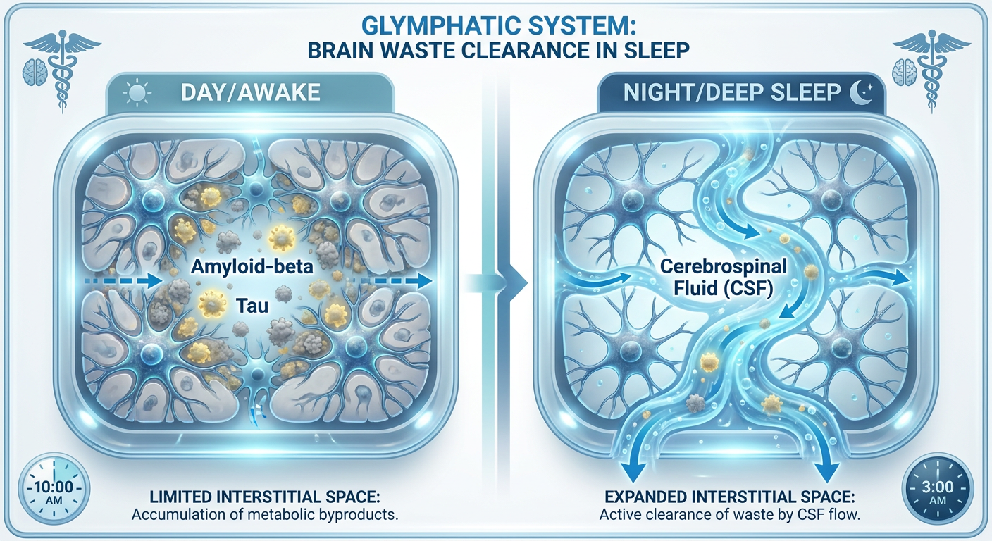 A clean medical infographic showing the brain's glymphatic system in two phases: Awake vs. Deep Sleep, illustrating waste clearance.
