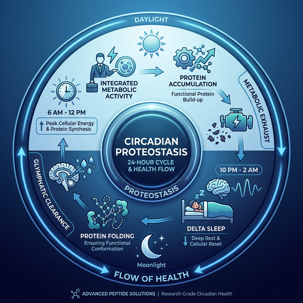 A diagram showing the cycle of Circadian Proteostasis, moving from day stress to night-time protein folding and detoxification.