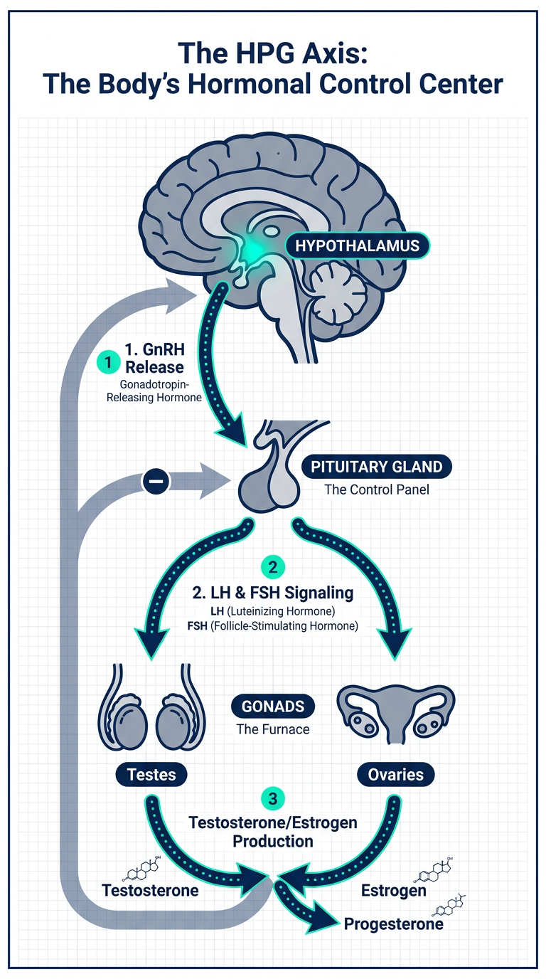 A professional medical infographic diagram showing the Hypothalammic-Pituitary-Gonadal (HPG) Axis feedback loop, illustrated with clean icons and teal/dark blue color palette.