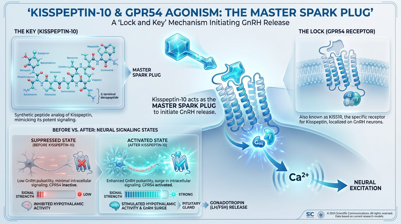 An infographic explaining GPR54 Agonism and Kisspeptin-10's role as a 'spark plug' for the endocrine system, featuring a lock-and-key receptor diagram.