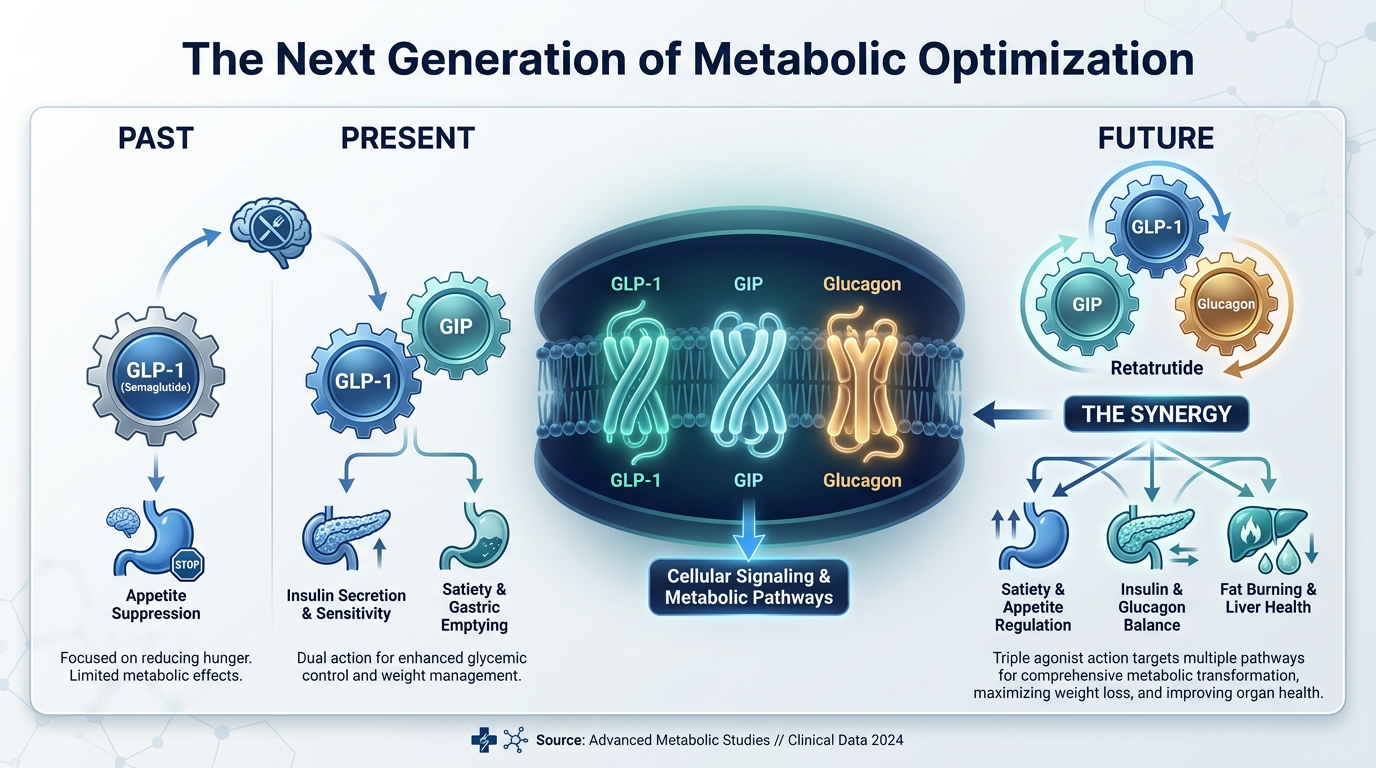 A professional medical infographic comparing single, dual, and triple receptor agonists in metabolic health, showing the evolution from GLP-1 to the multi-functional Retatrutide and Survodutide.