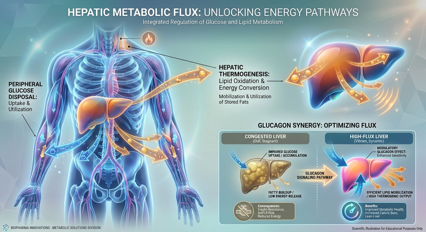 A scientific infographic titled 'Hepatic Metabolic Flux' illustrating how glucagon-driven peptides like Survodutide stimulate the liver to burn fat and move glucose to muscle tissue.