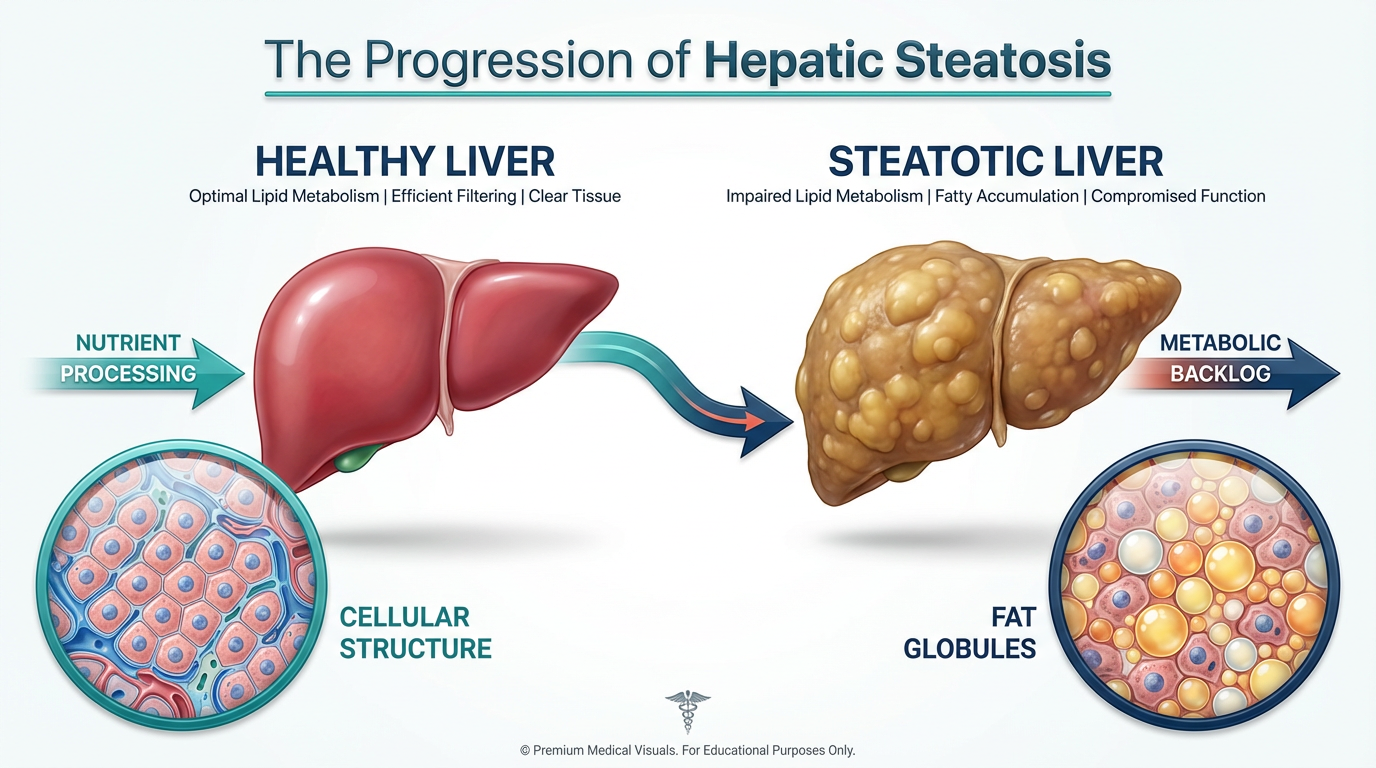 A comparison infographic between a healthy liver and one with hepatic steatosis, showing the accumulation of fat and the resulting metabolic congestion.