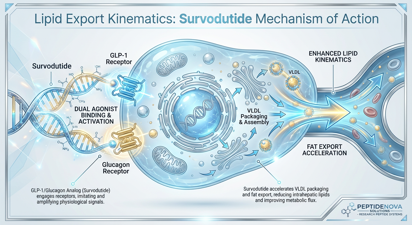 A detailed diagram showing Survodutide's dual-agonist mechanism acting on GLP-1 and Glucagon receptors to accelerate lipid export from the liver.