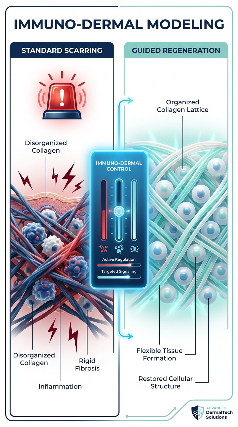 A scientific comparison diagram showing the difference between scarring and regeneration, using the analogy of a house wall repair. One side shows 'Scarring' (disorganized collagen, rigid structure) and the other shows 'Regeneration' (smooth, organized lattice).
