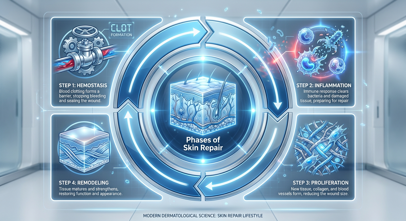 A 4-step circular diagram showing the phases of skin healing: Hemostasis, Inflammation, Proliferation, and Remodeling, with clean icons for each stage.