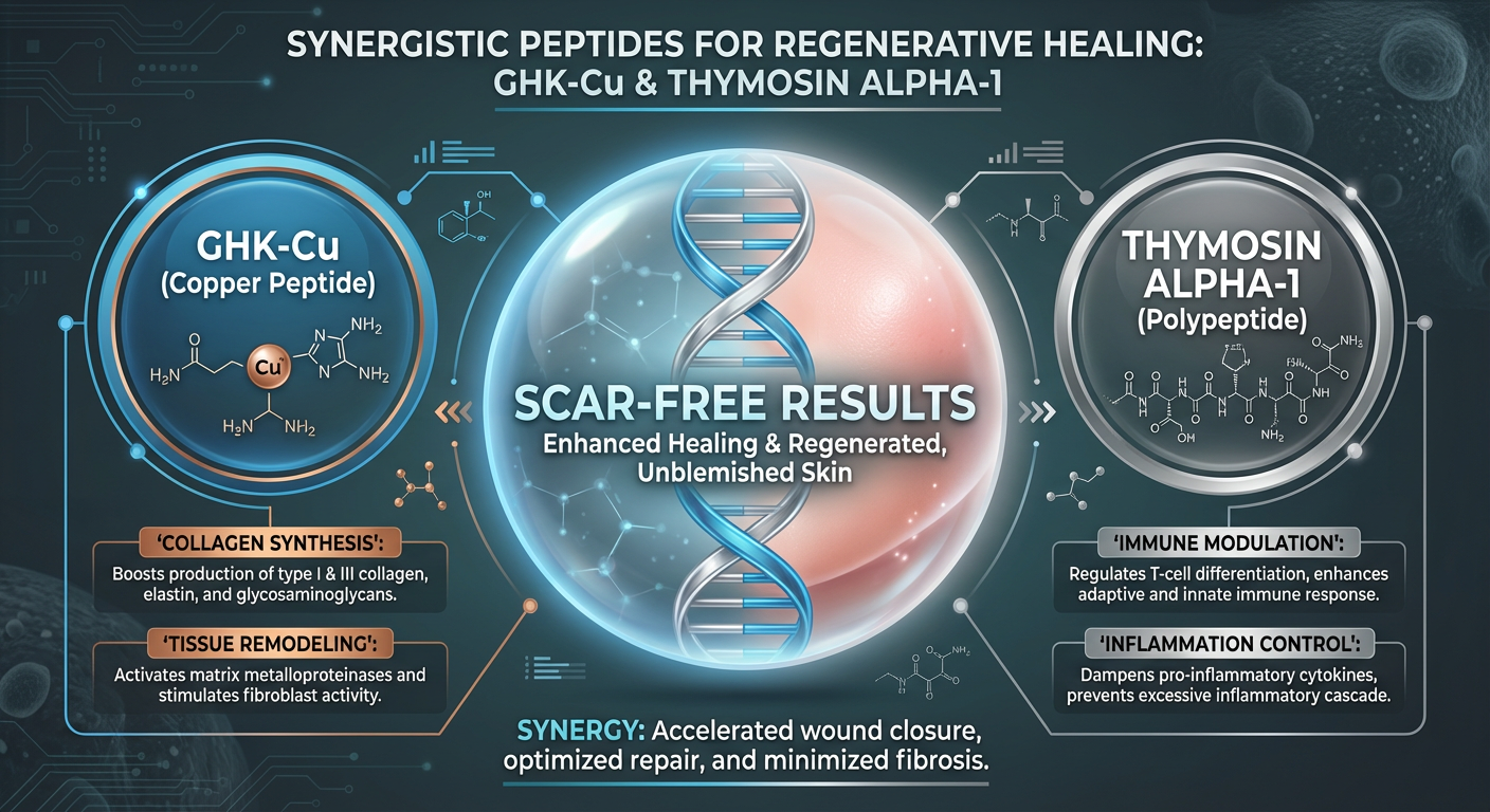An infographic showing the synergistic effects of GHK-Cu and Thymosin Alpha-1 on skin healing. GHK-Cu is labeled for collagen production and Thymosin Alpha-1 for immune system modulation.