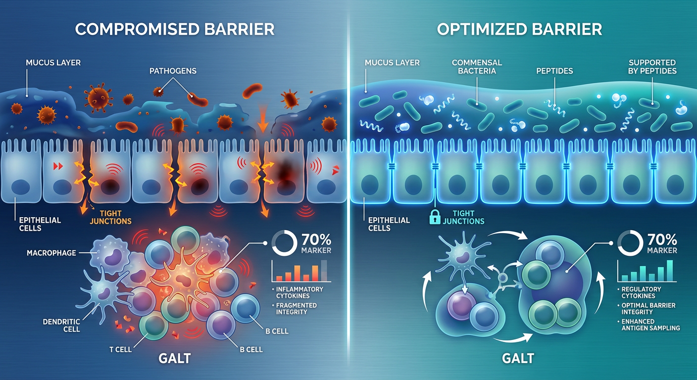Diagram of the mucosal barrier showing the protective mucus layer, epithelial cells, and the interaction between external pathogens and internal immune cells.