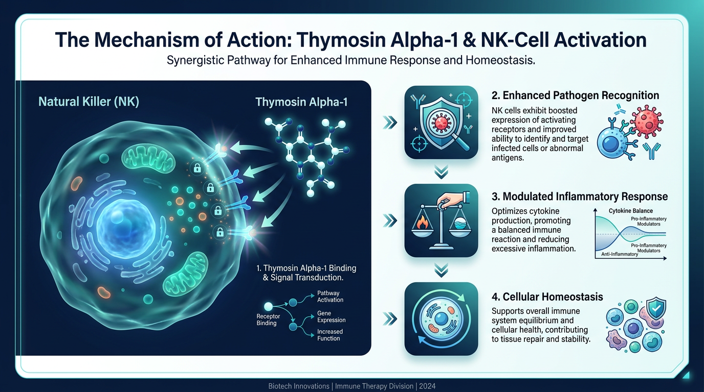 Medical infographic showing a 3D model of a Natural Killer (NK) cell being activated by Thymosin Alpha-1. The background is clean and clinical with scientific annotations.