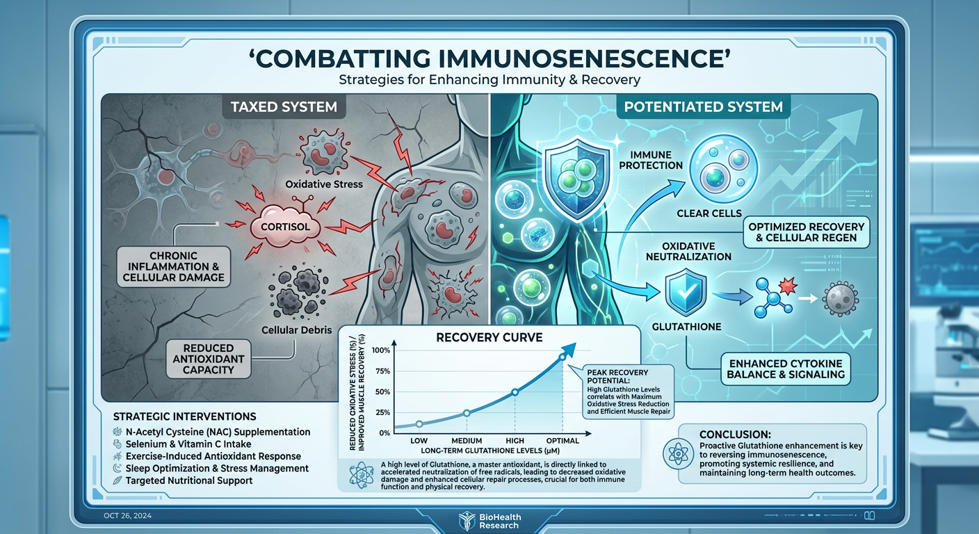 A comparison chart infographic illustrating the body's decline in immune function due to immunosenescence versus the restorative effects of Glutathione and Thymosin Alpha-1.