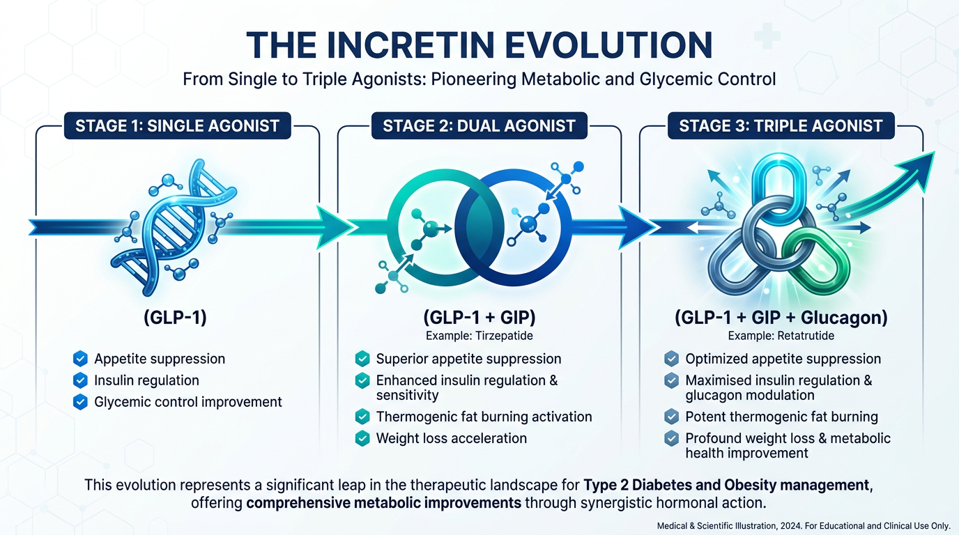 A scientific diagram showing the evolution of peptide receptors from single GLP-1 agonists like <a href=