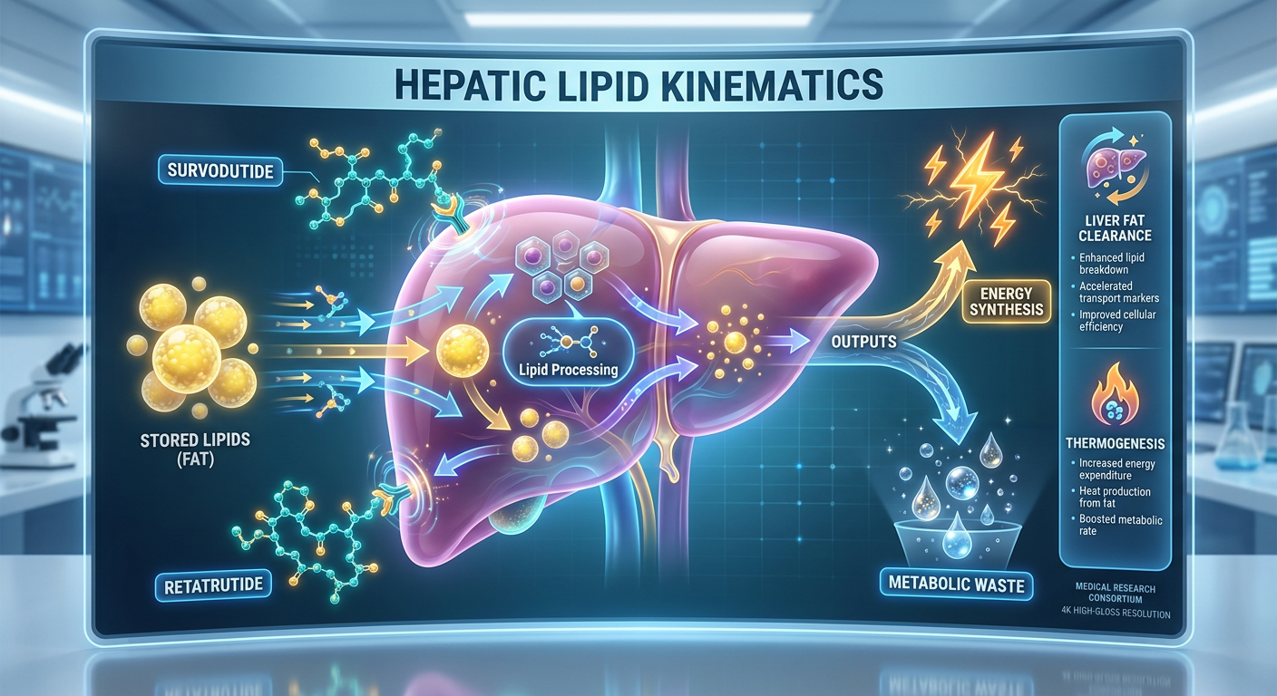 An anatomical infographic of a liver showing the process of Hepatic Lipid Kinematics, illustrating fat cells being broken down and converted into energy via peptide action.