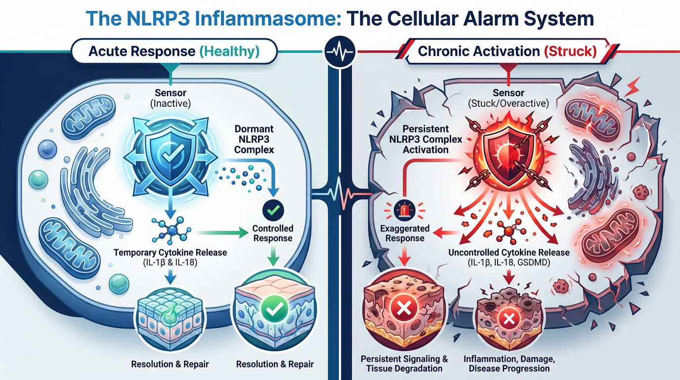 A medical infographic illustrating the NLRP3 Inflammasome activation cycle, comparing a healthy 'off' state to a chronic 'on' state using a home security system metaphor.
