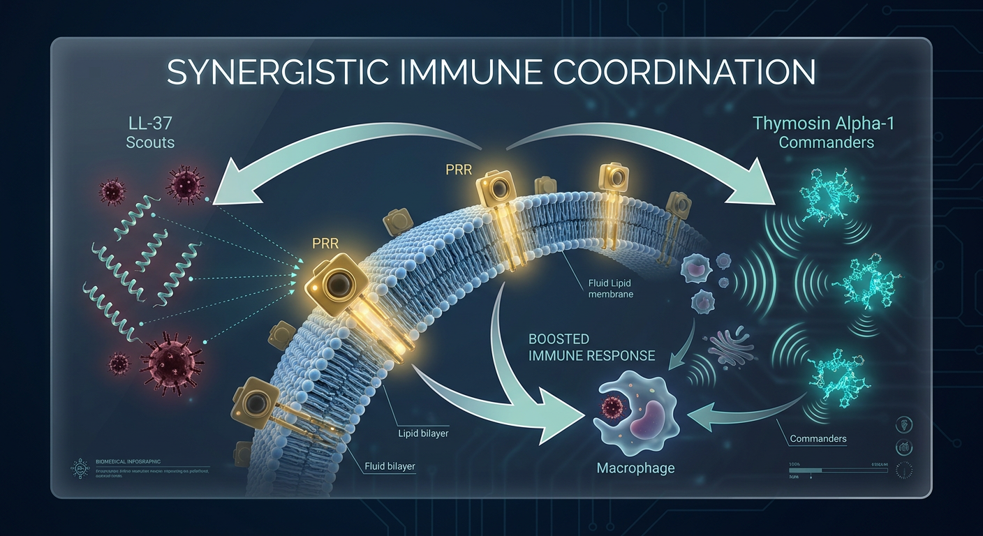 A scientific diagram showing how Thymosin Alpha-1 and LL-37 work together. LL-37 is shown acting as a scout for pathogens, while Thymosin Alpha-1 acts as the coordinator/commander, with Pathogen Recognition Receptors (PRRs) acting as the alarm system.