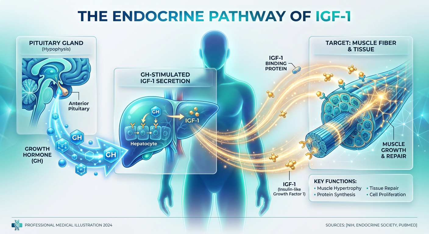 A comparison infographic showing the biological pathway of Growth Hormone (GH) converting to Insulin-like Growth Factor-1 (IGF-1) in the liver, then traveling to muscle tissue.