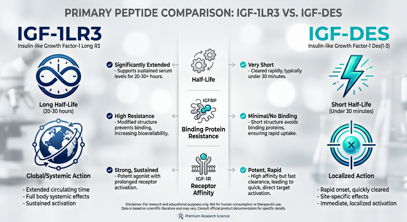 A side-by-side comparison chart between IGF-1LR3 and IGF-DES peptides, highlighting their half-life, action range, and primary benefits.