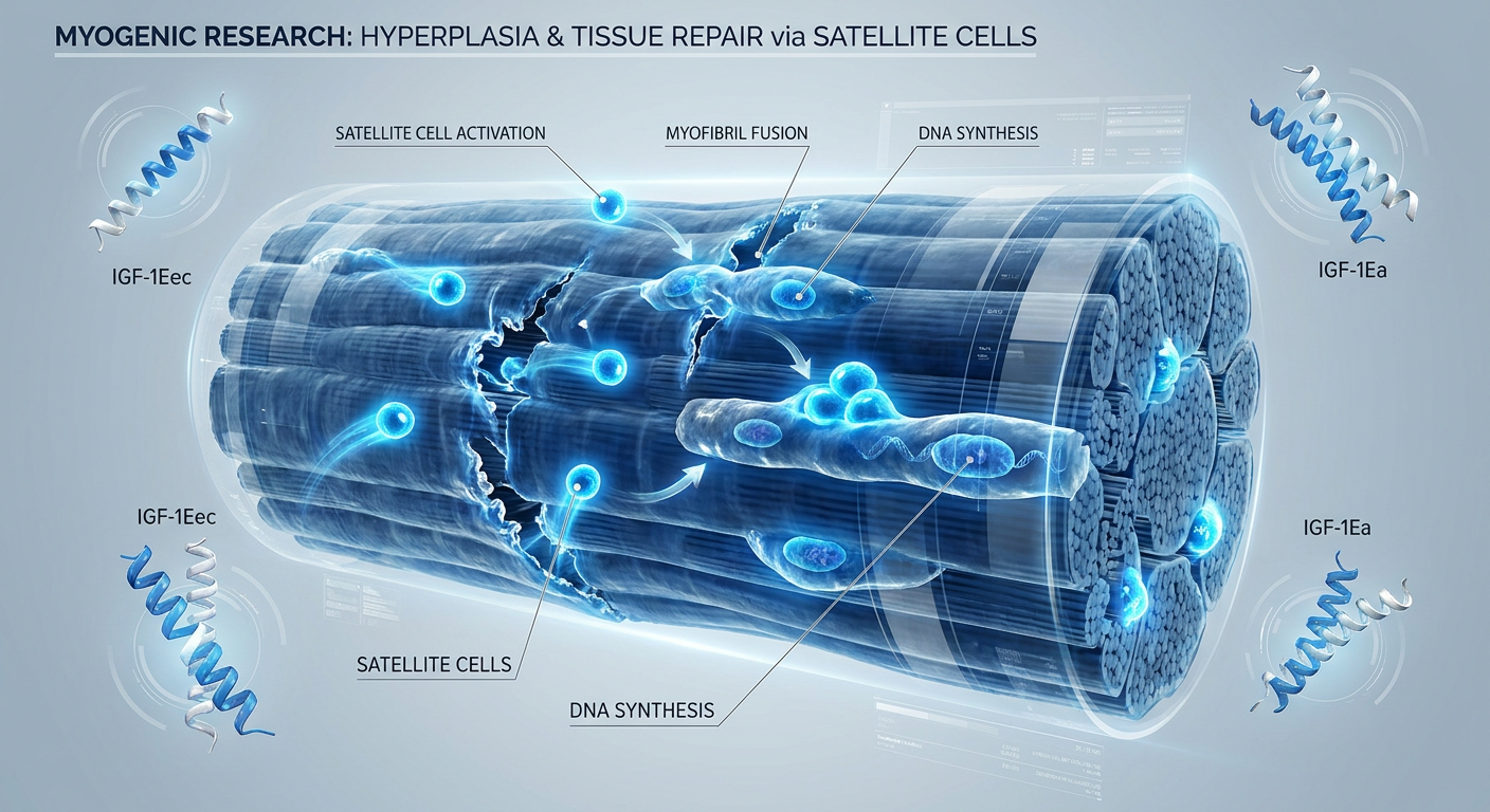 A microscopic visualization showing satellite cell proliferation and muscle fiber repair stimulated by IGF-1 peptides.