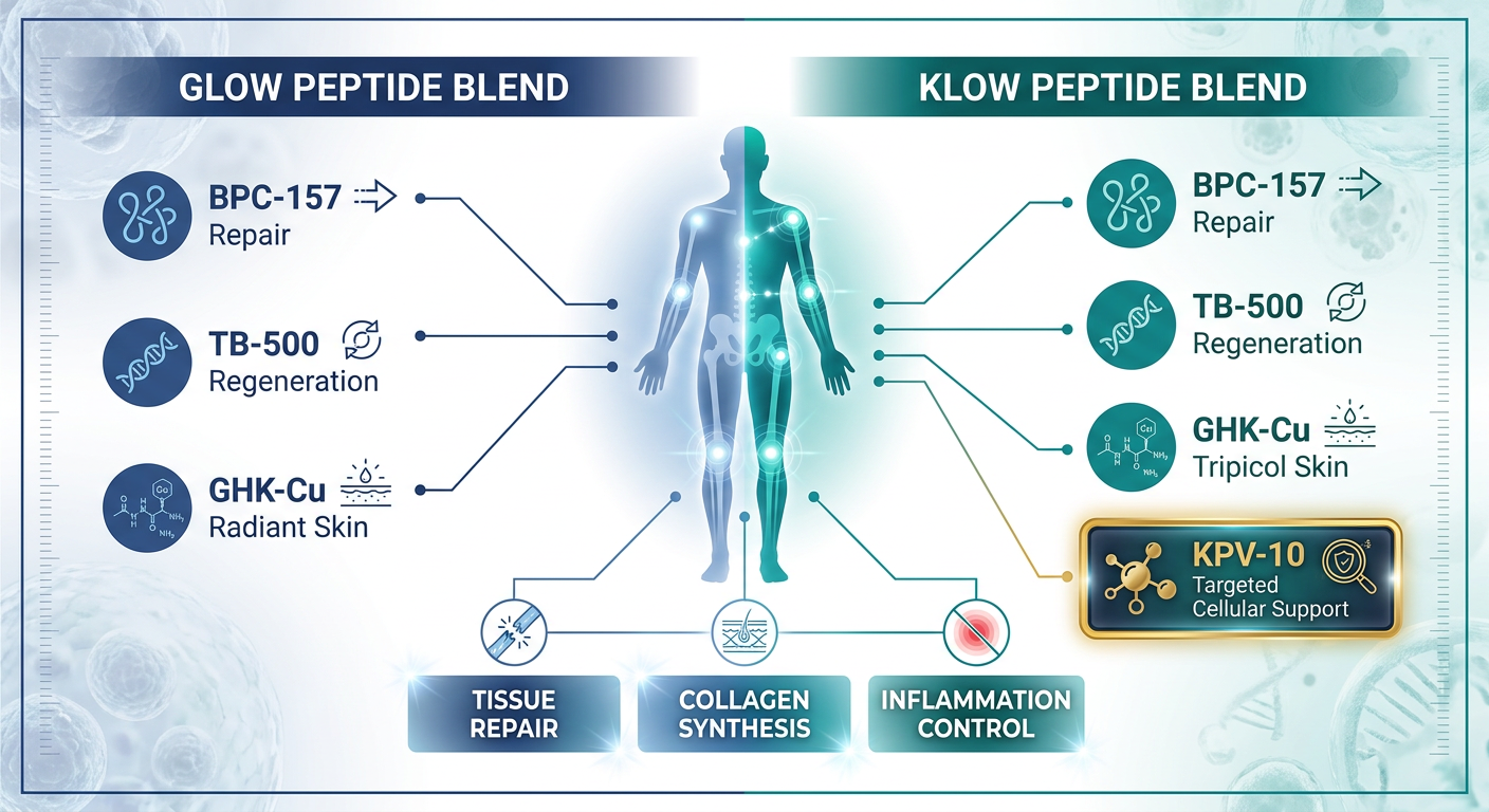 A technical comparison infographic showing the ingredients of the GLOW blend versus the KLOW blend with molecular structures and synergy highlights.