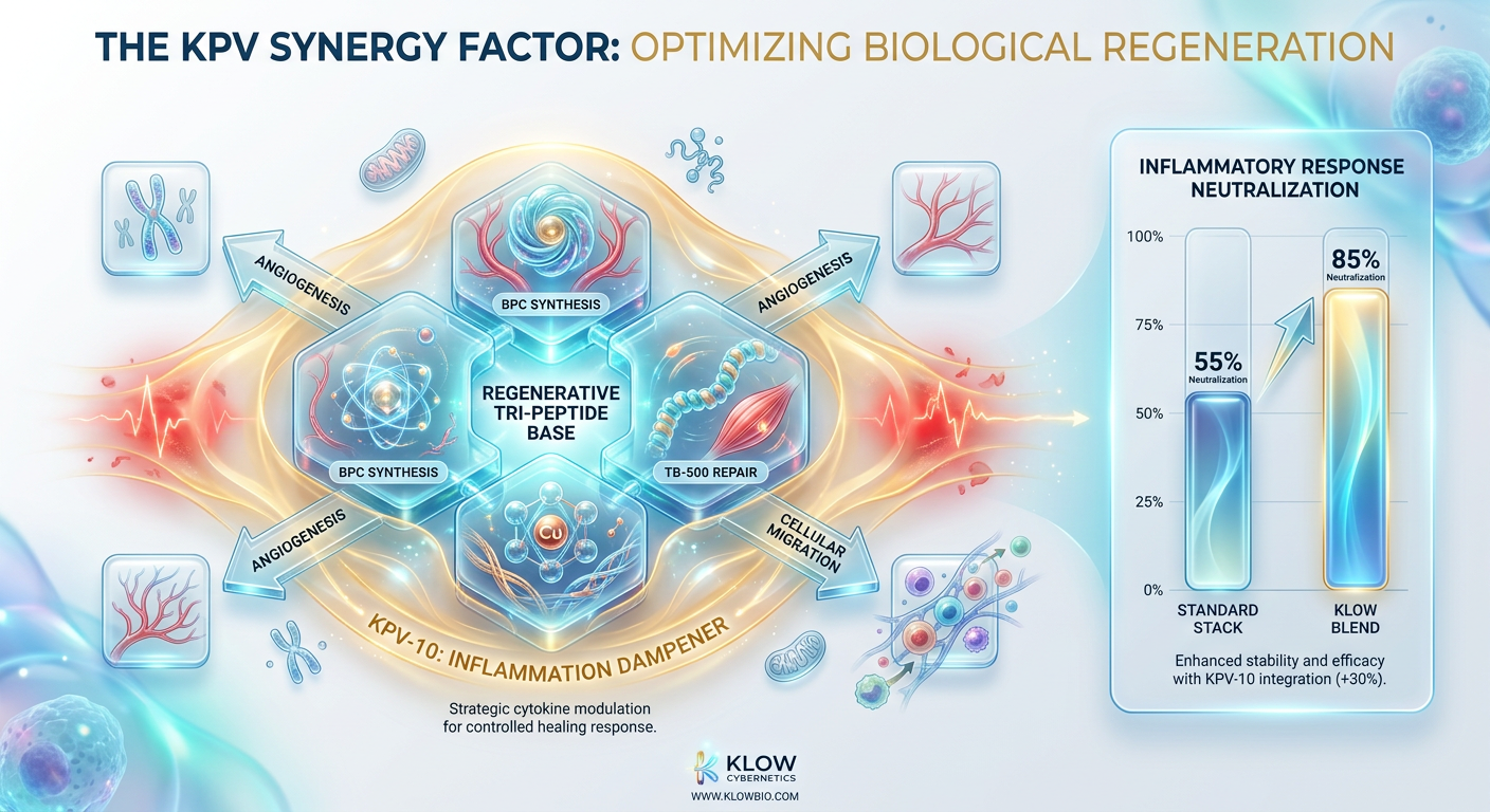 A scientific diagram showing how KPV enhances the BPC-157, TB-500, and GHK-Cu stack by adding a potent anti-inflammatory layer.