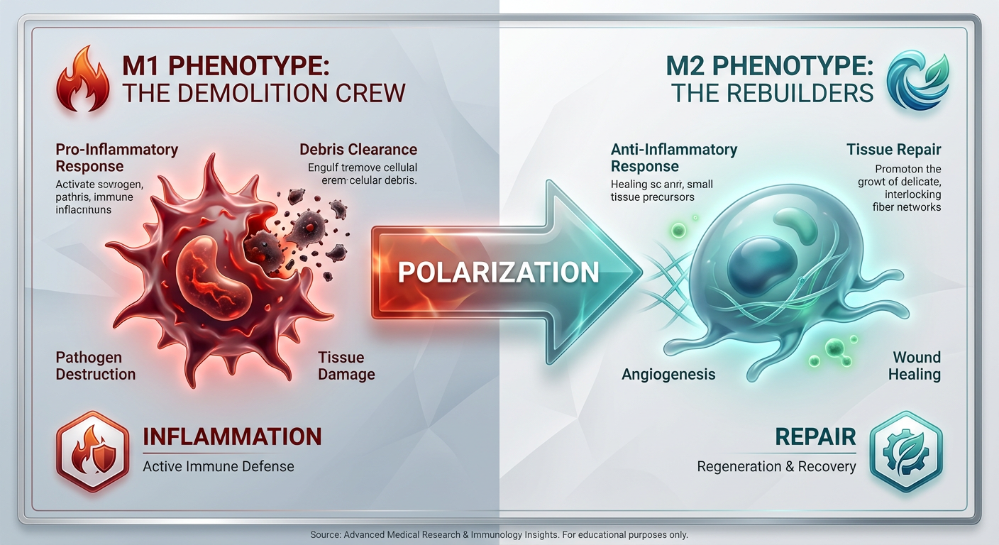 A scientific comparison infographic showing the shift from M1 inflammatory macrophages to M2 regenerative macrophages.