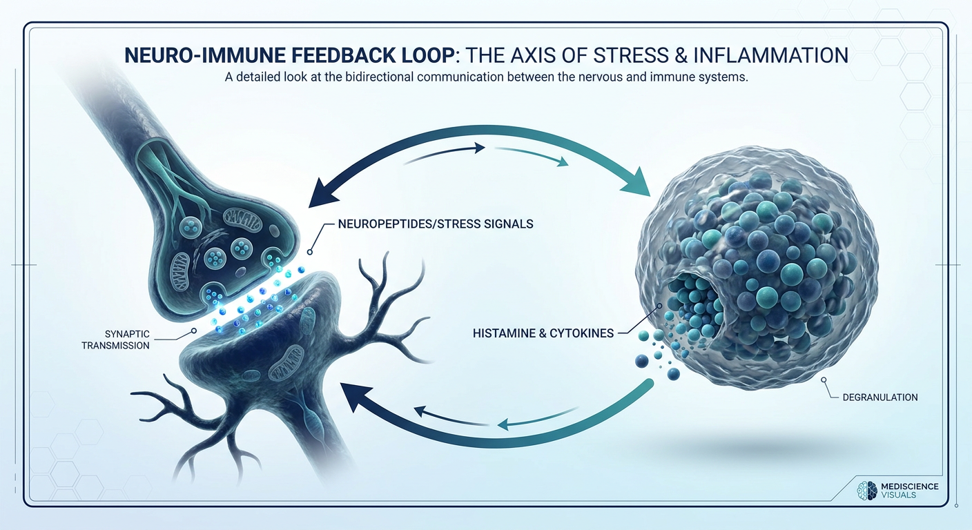 A scientific diagram showing the feedback loop between a nerve fiber and a mast cell. Labels indicate the exchange of stress signals and inflammatory chemicals.